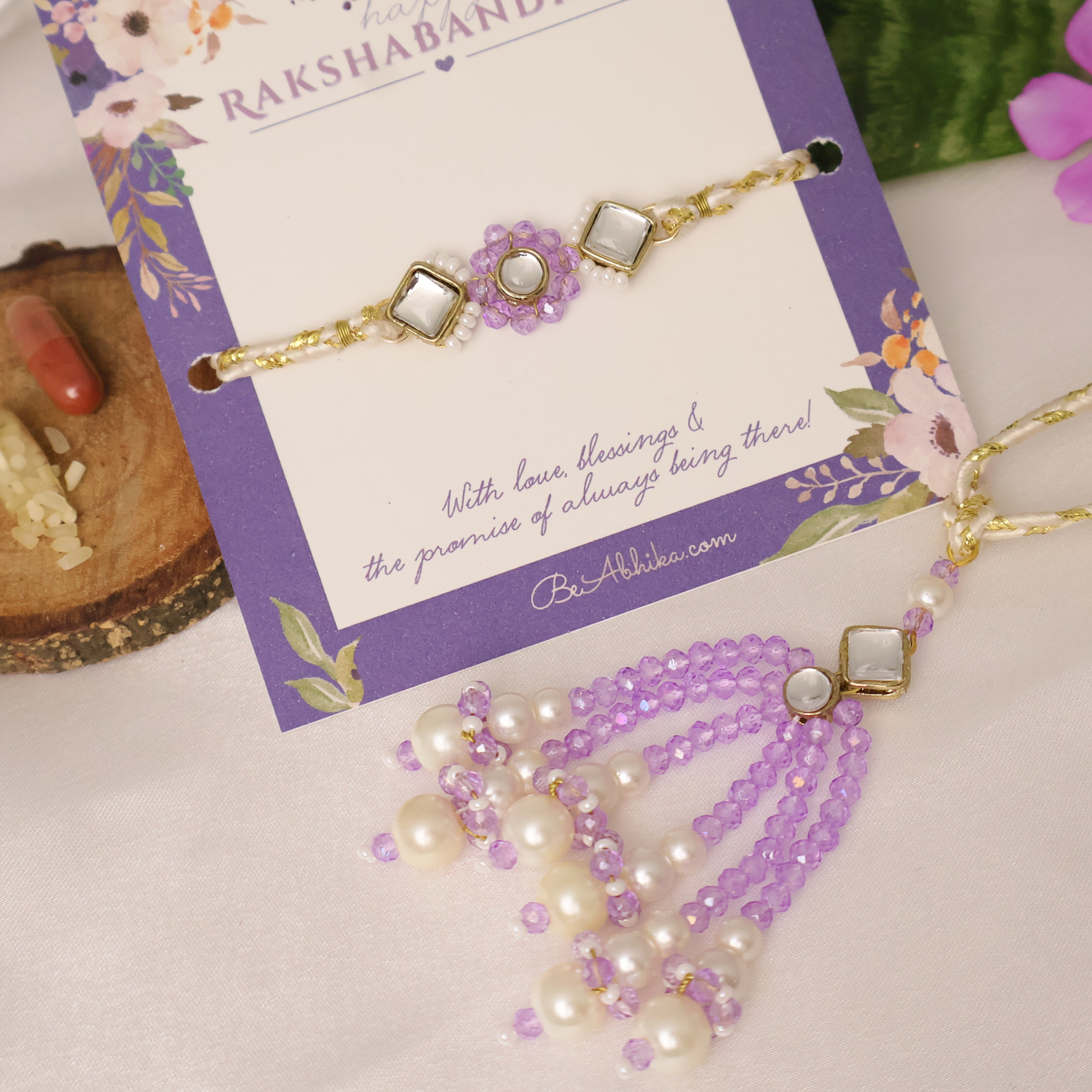 Lavender Pearl Rakhi & Lumba Set