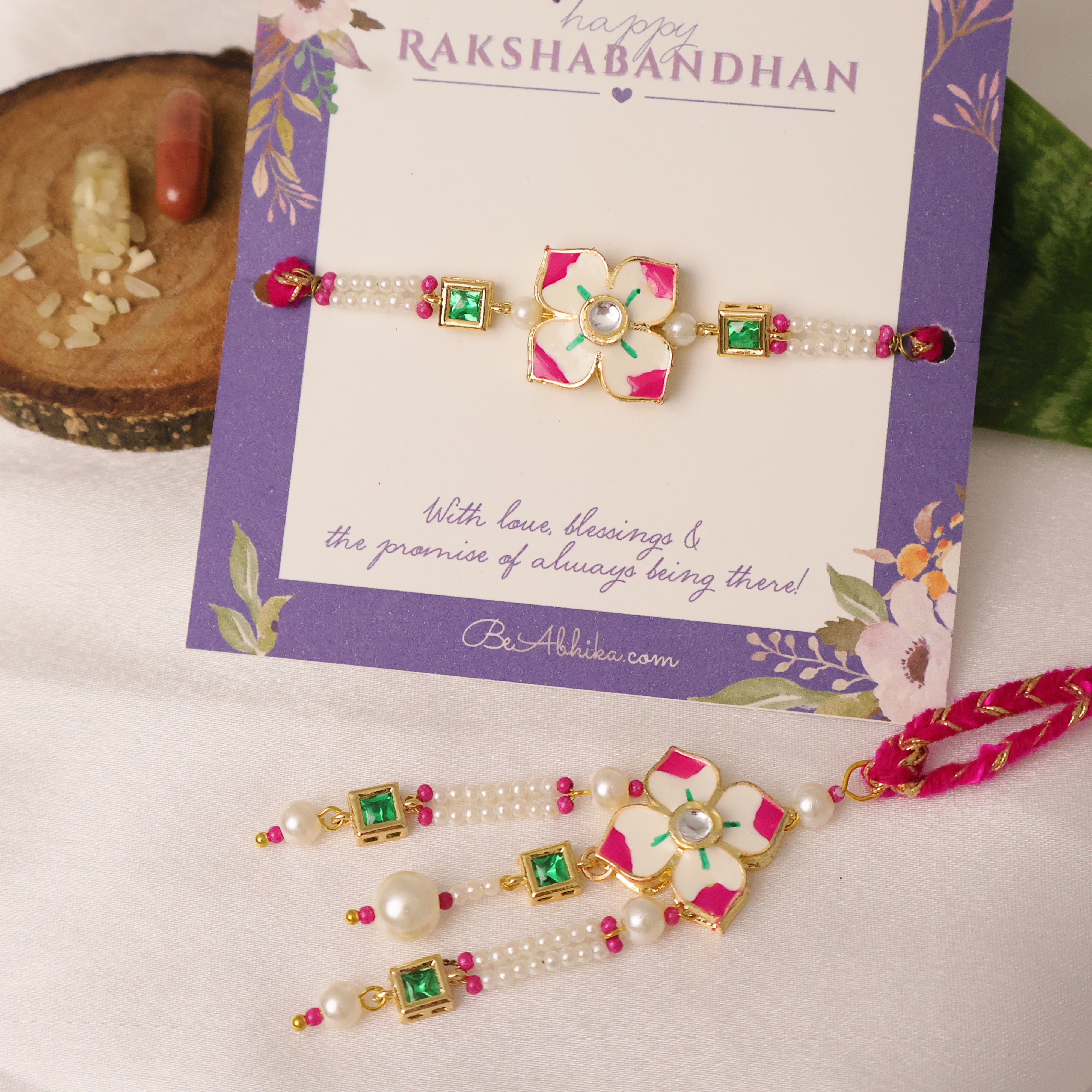 Pink Floral Pearl Rakhi & Lumba Set