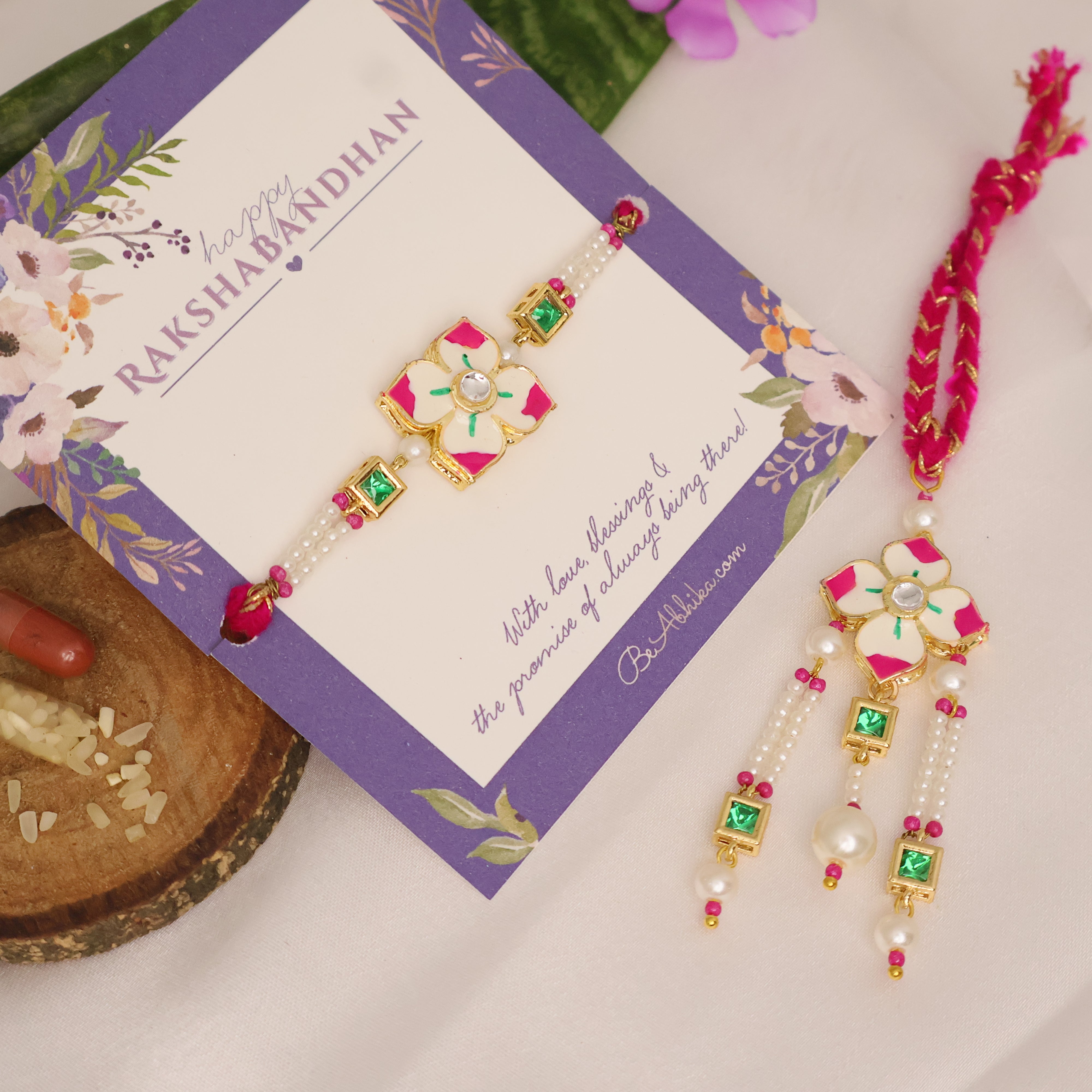 Pink Floral Pearl Rakhi & Lumba Set
