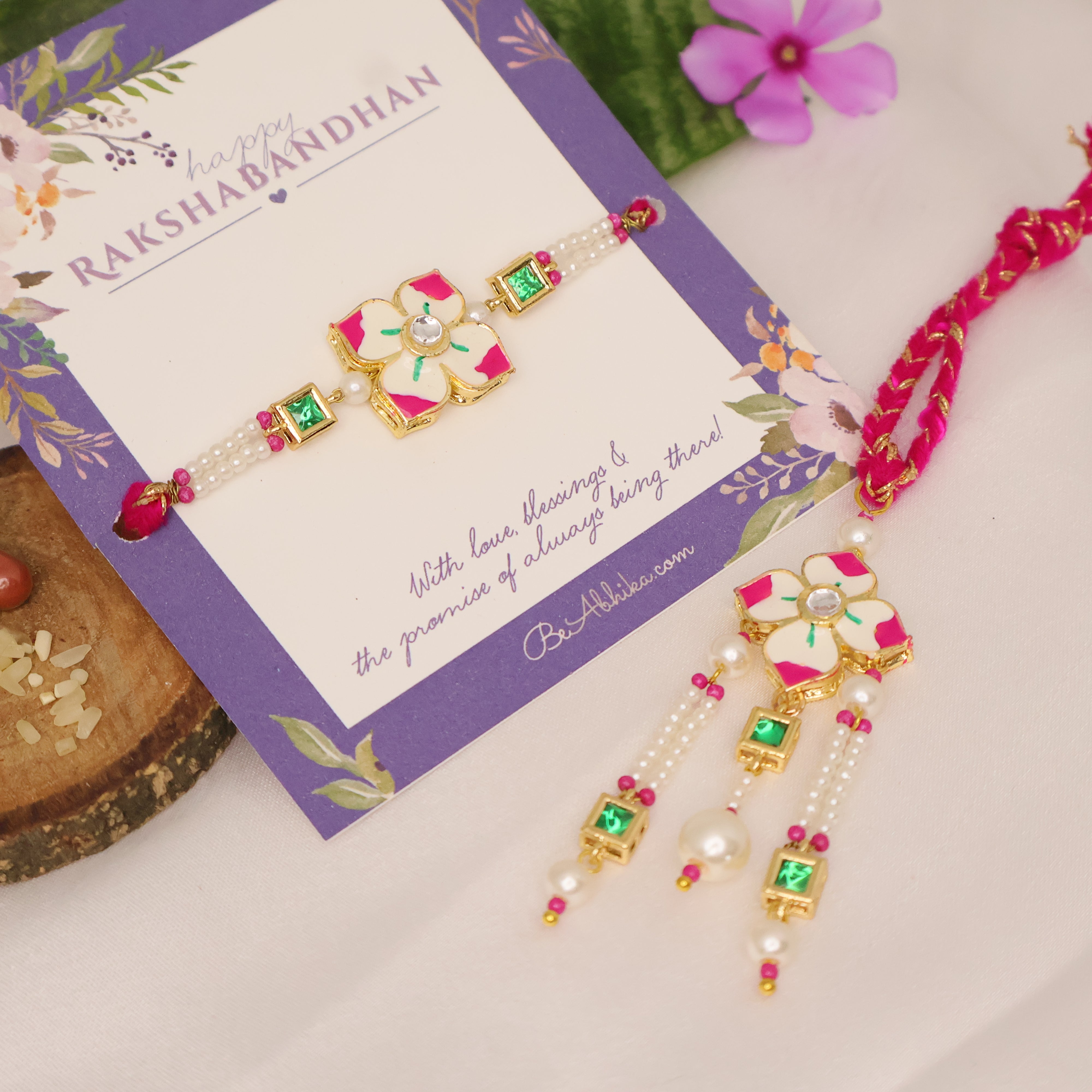 Pink Floral Pearl Rakhi & Lumba Set