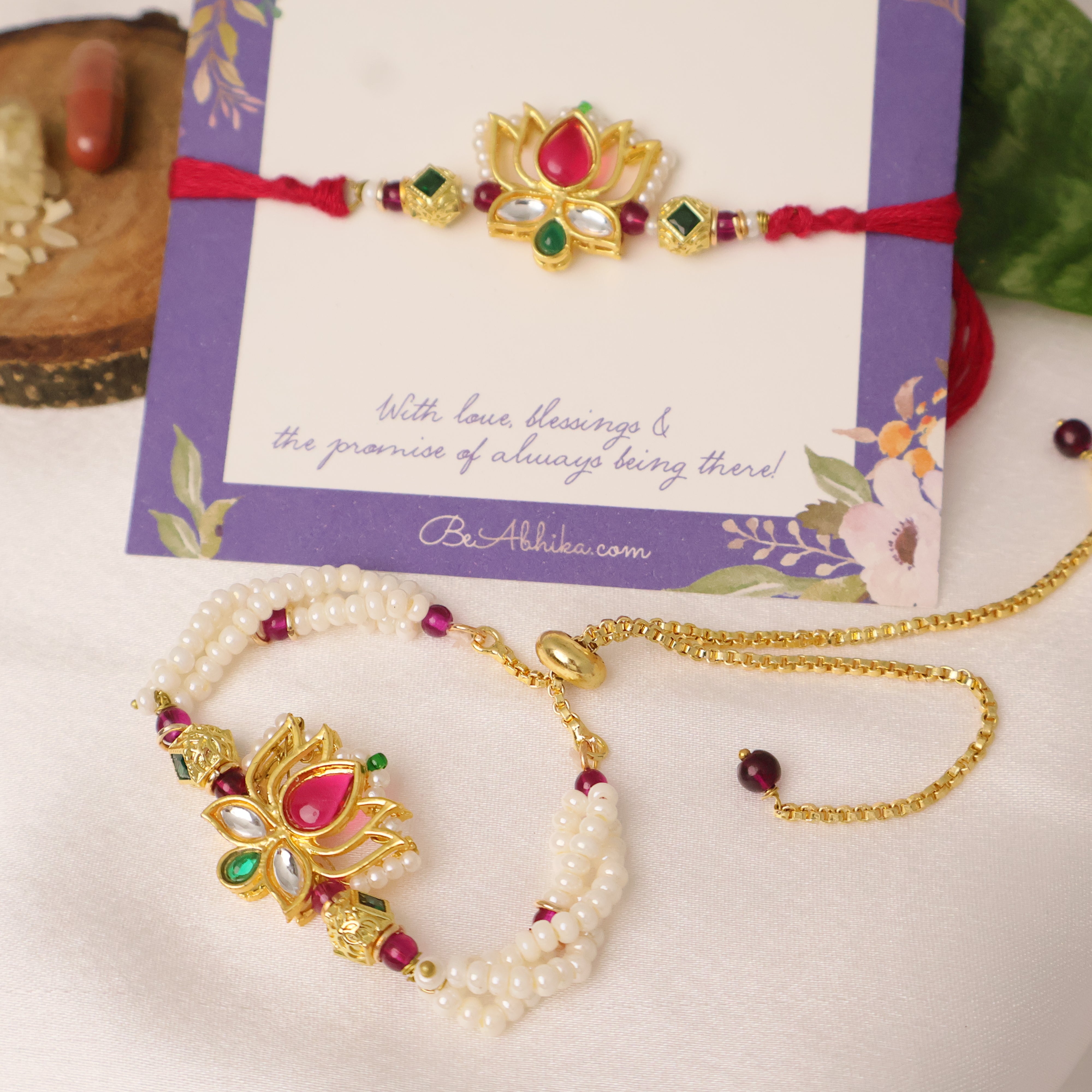 Lotus Pearl Rakhi & Lumba Set