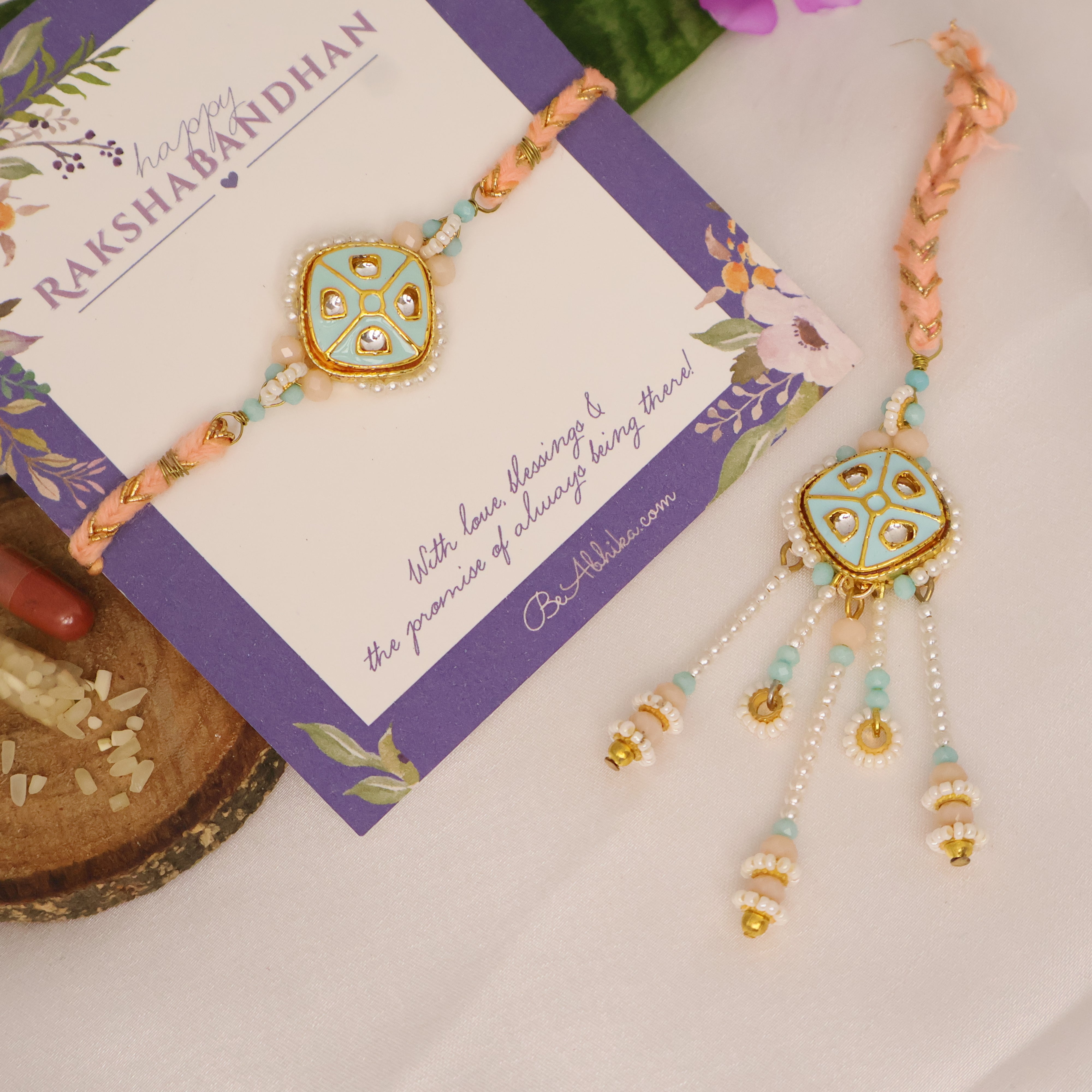 Pastel Kundan Pearl Rakhi & Lumba Set