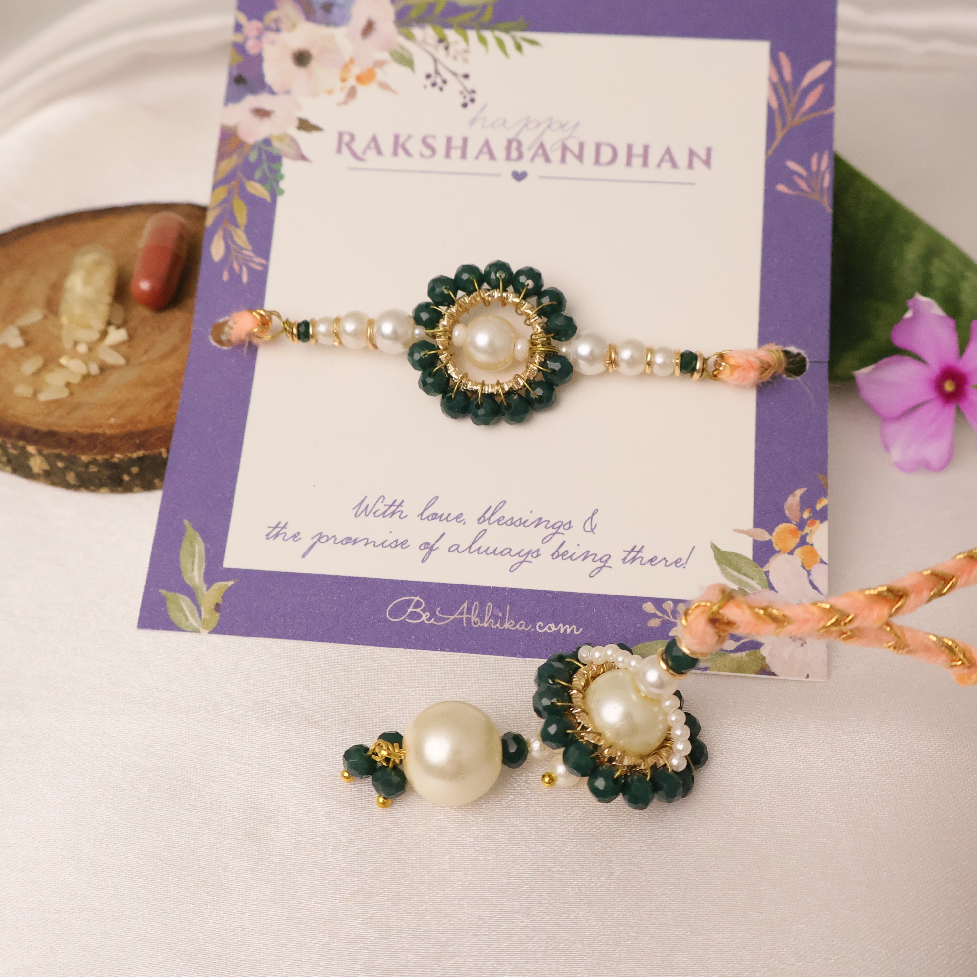 Teal Pearl Rakhi & Lumba Set