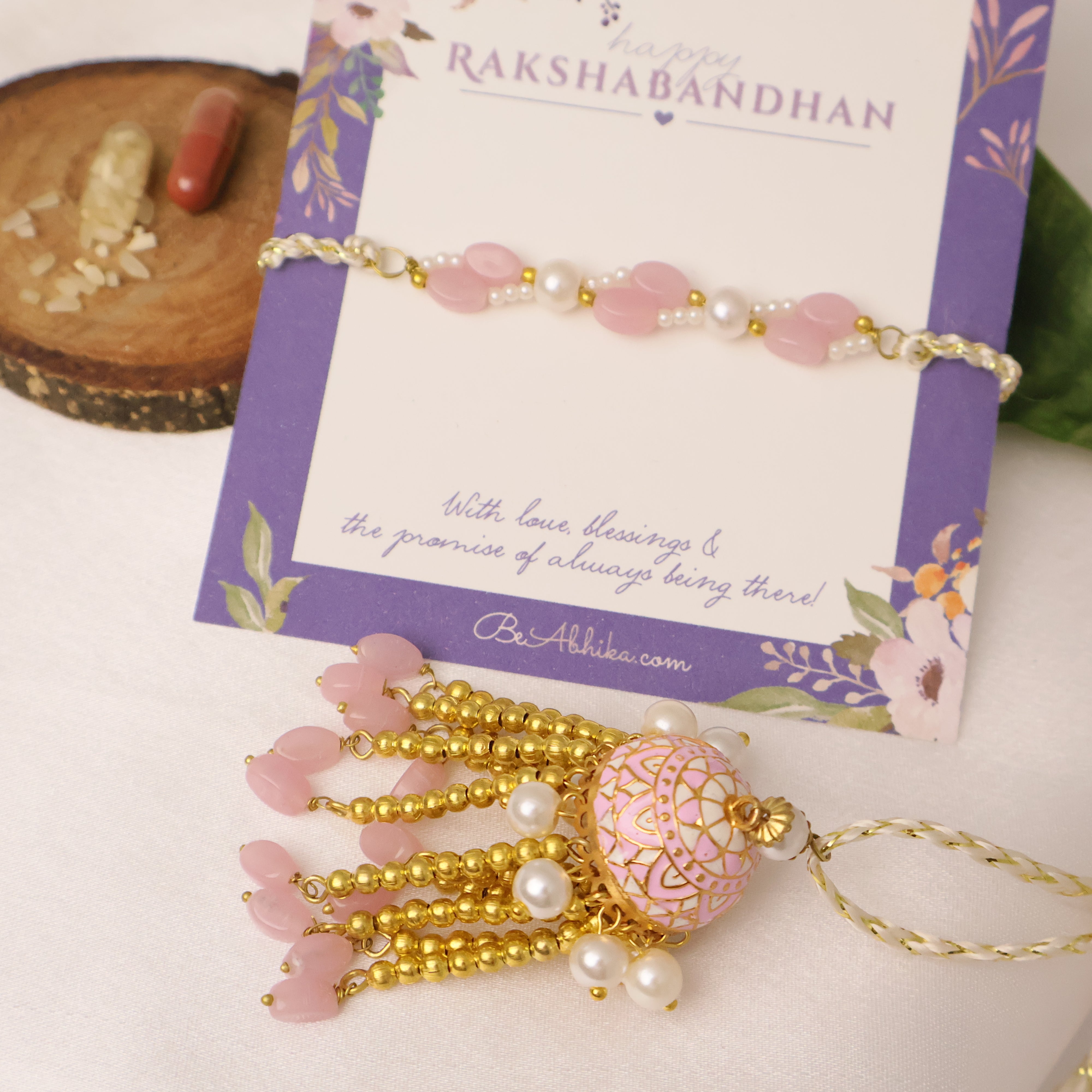 Blush Pearl Tassel Rakhi & Lumba Set