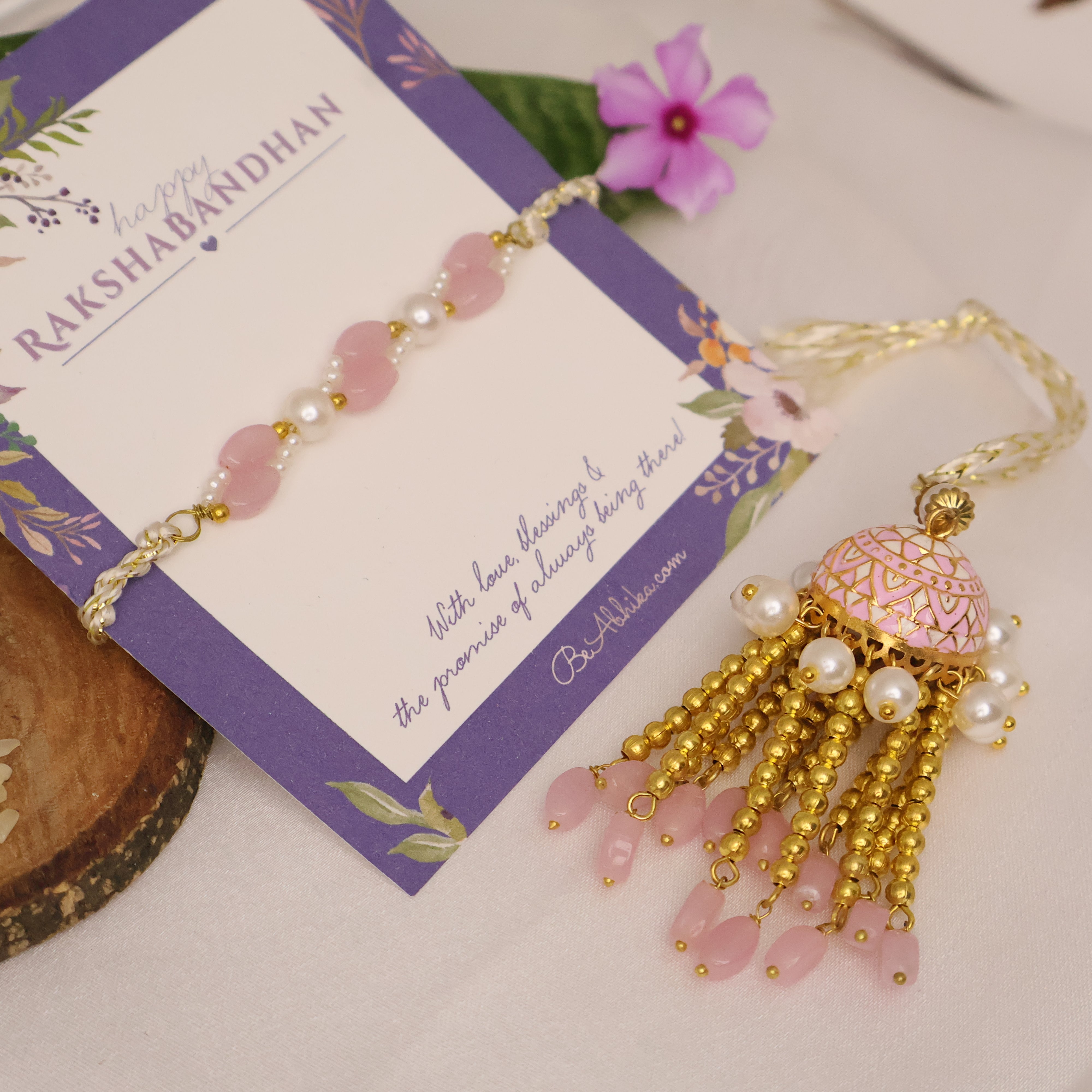 Blush Pearl Tassel Rakhi & Lumba Set