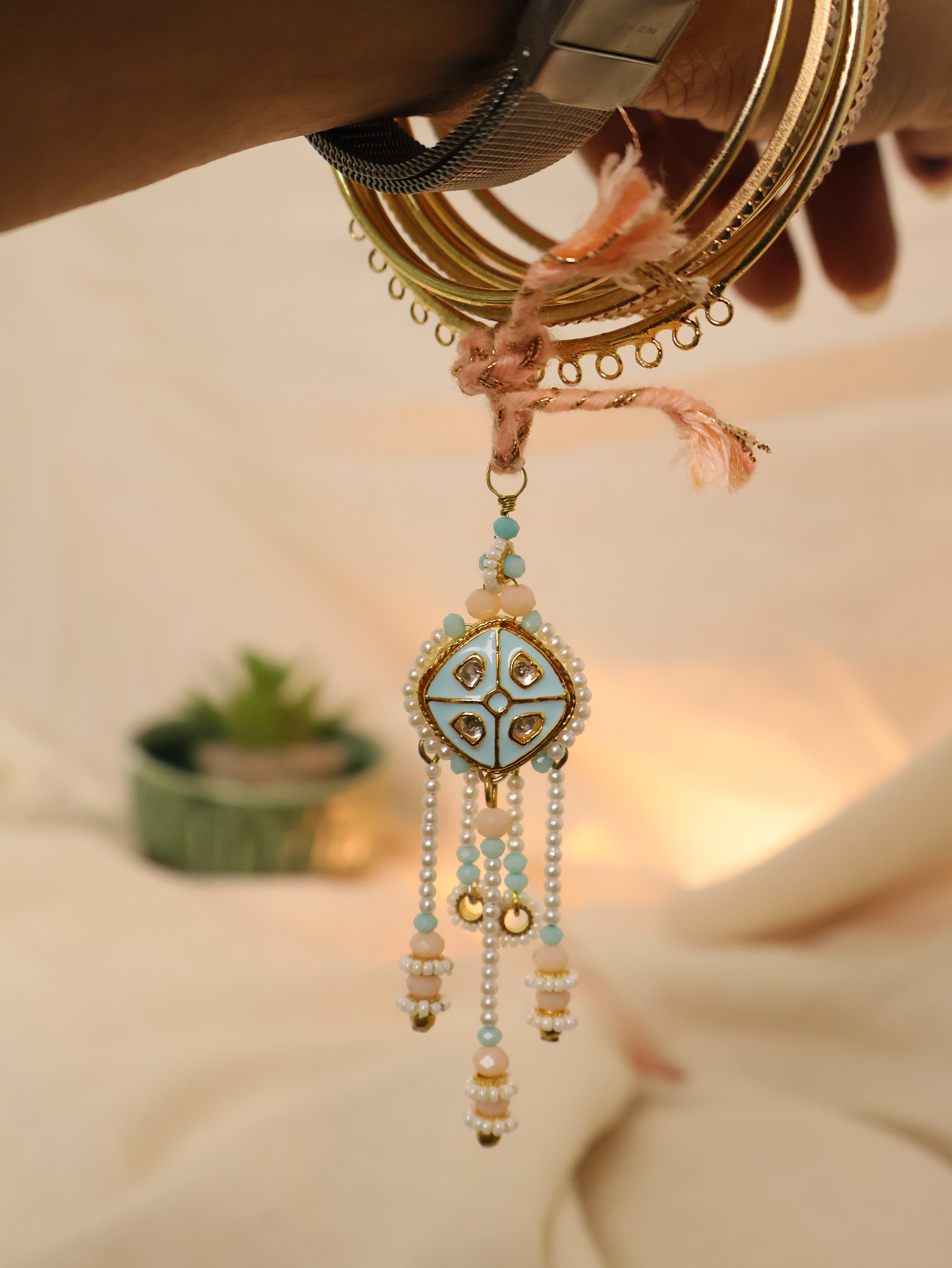 Pastel Kundan Pearl Rakhi & Lumba Set