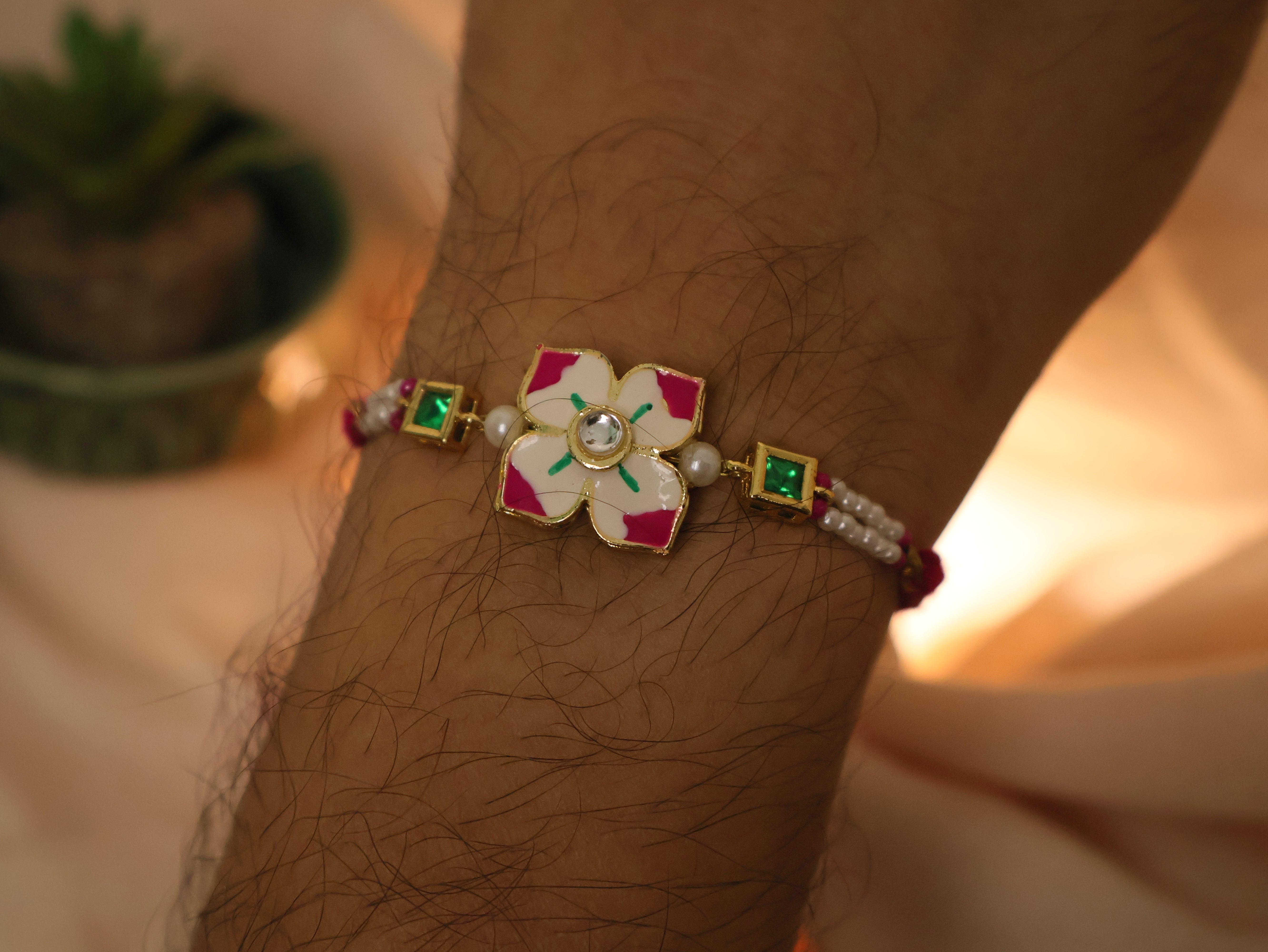 Pink Floral Pearl Rakhi & Lumba Set