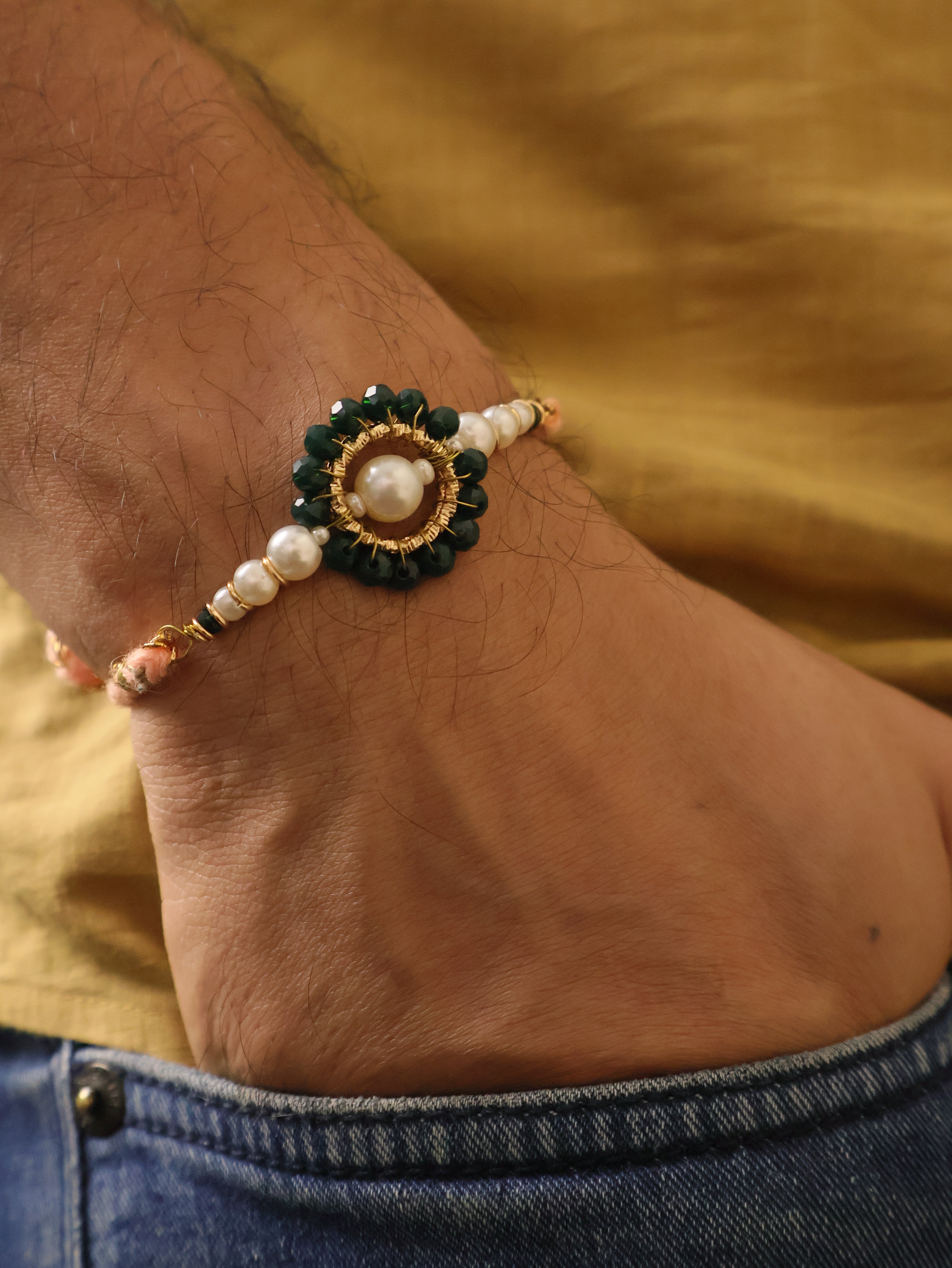 Teal Pearl Rakhi & Lumba Set