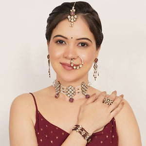 Purple Kundan paradise choker set With Matching Earrings, Ring, Nath, Maangtikka & Bracelet