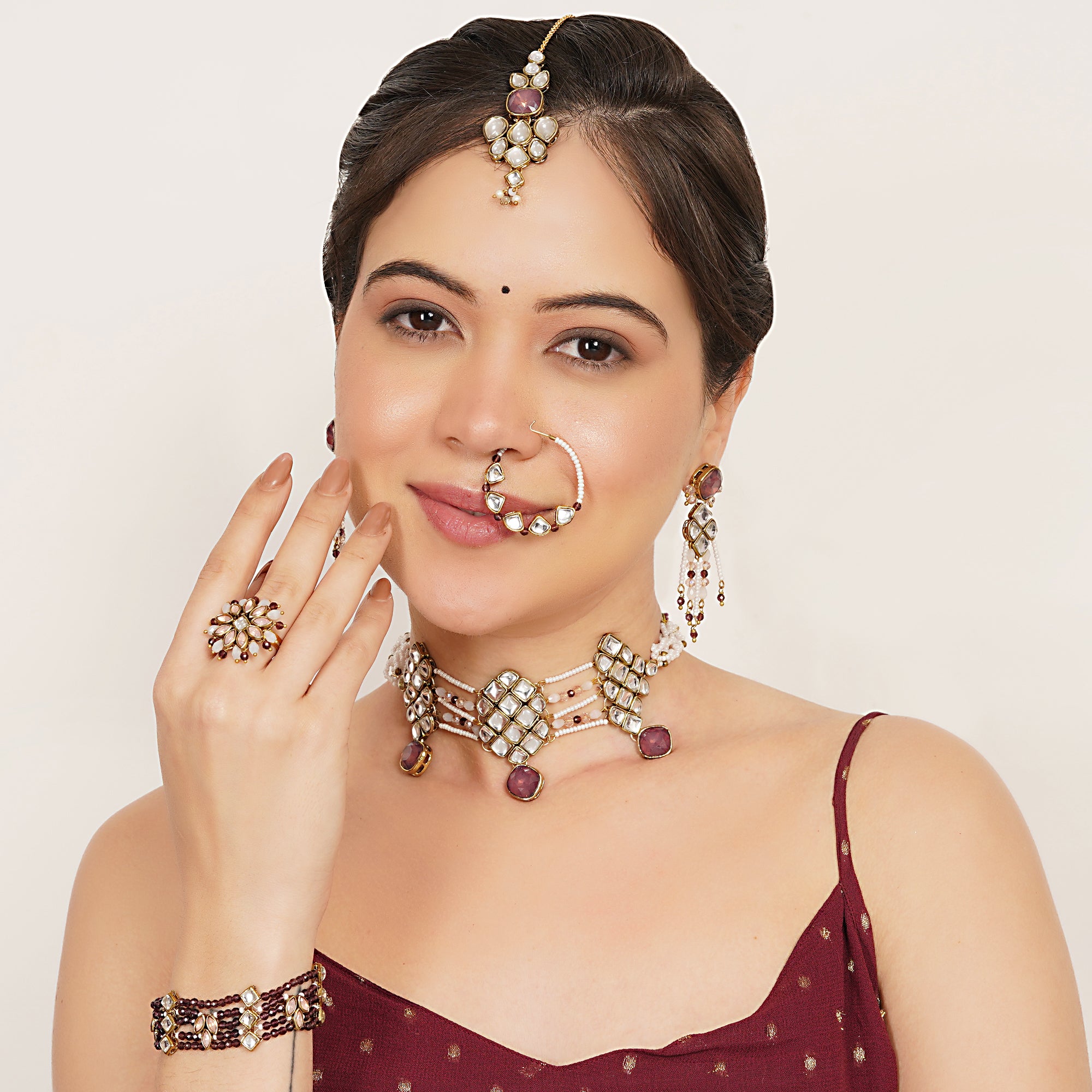 Purple Kundan paradise choker set With Matching Earrings, Ring, Nath, Maangtikka & Bracelet