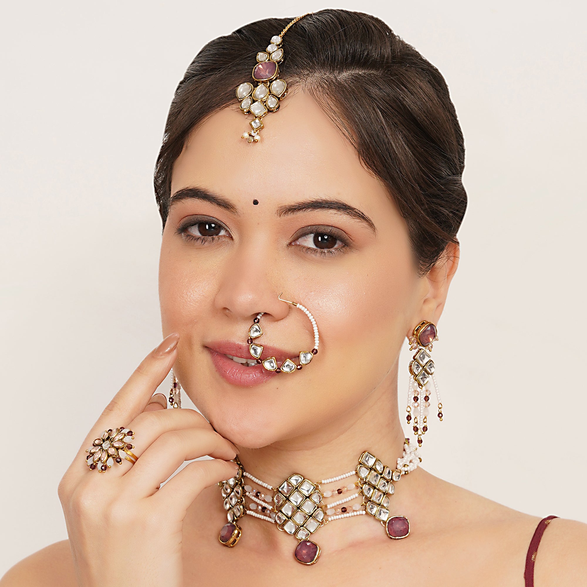 Purple Kundan paradise choker set With Matching Earrings, Ring, Nath, Maangtikka & Bracelet