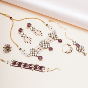 Purple Kundan paradise choker set With Matching Earrings, Ring, Nath, Maangtikka & Bracelet
