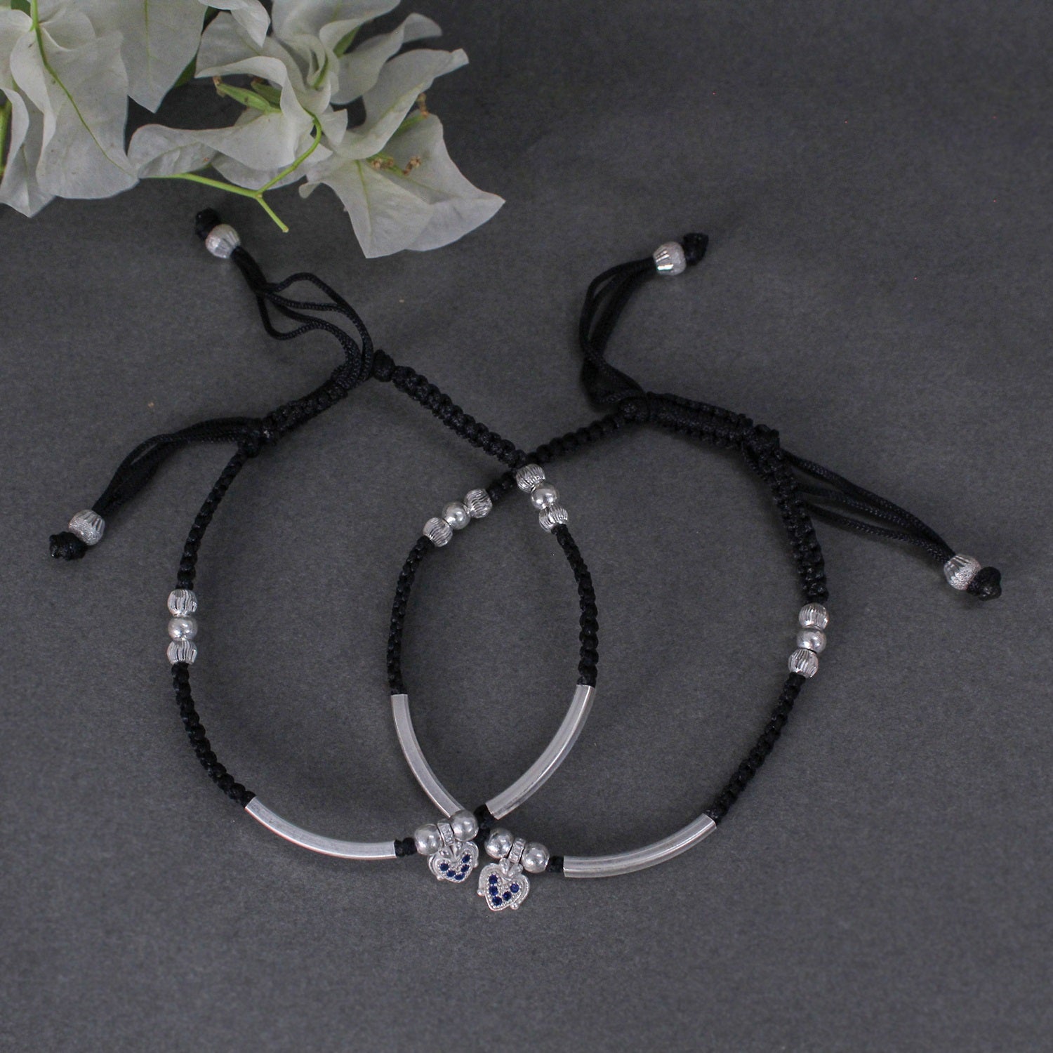 925 Sterling Silver Adjustable Anklet with Black Cord and Heart Charm