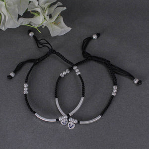 925 Sterling Silver Adjustable Anklet with Black Cord and Heart Charm - BeAbhika.com
