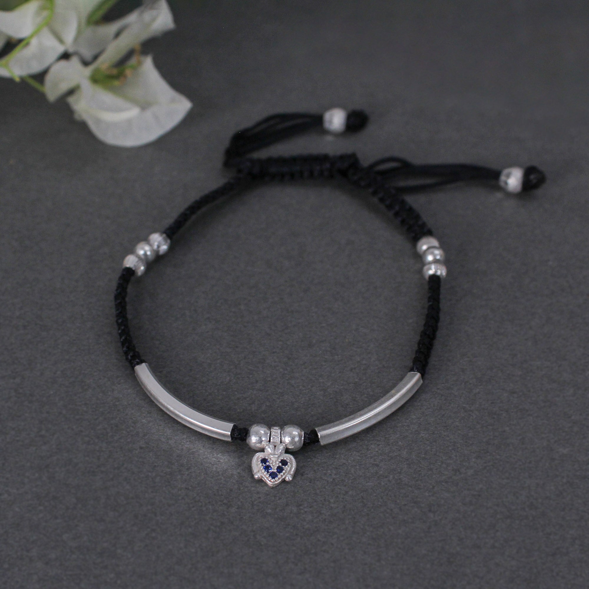 925 Sterling Silver Adjustable Anklet with Black Cord and Heart Charm