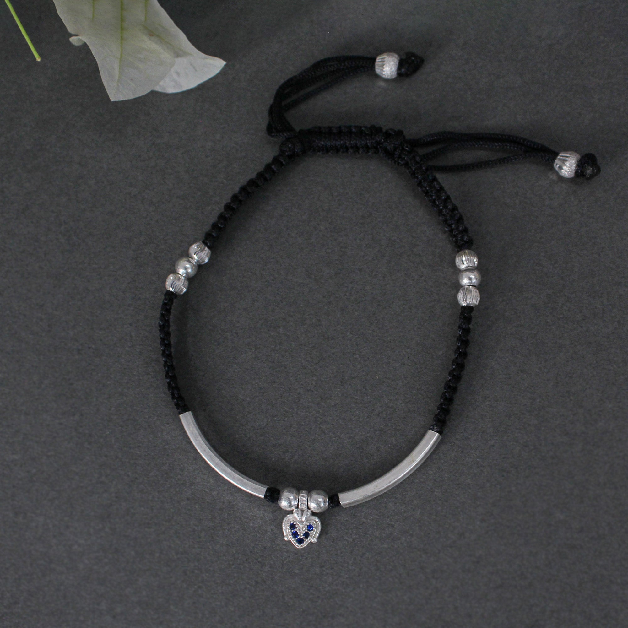 925 Sterling Silver Adjustable Anklet with Black Cord and Heart Charm