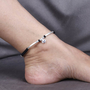 925 Sterling Silver Adjustable Anklet with Black Cord and Heart Charm - BeAbhika.com