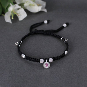 Adjustable 925 Sterling Silver Anklet With Black Cord and Pink Gemstone - BeAbhika.com