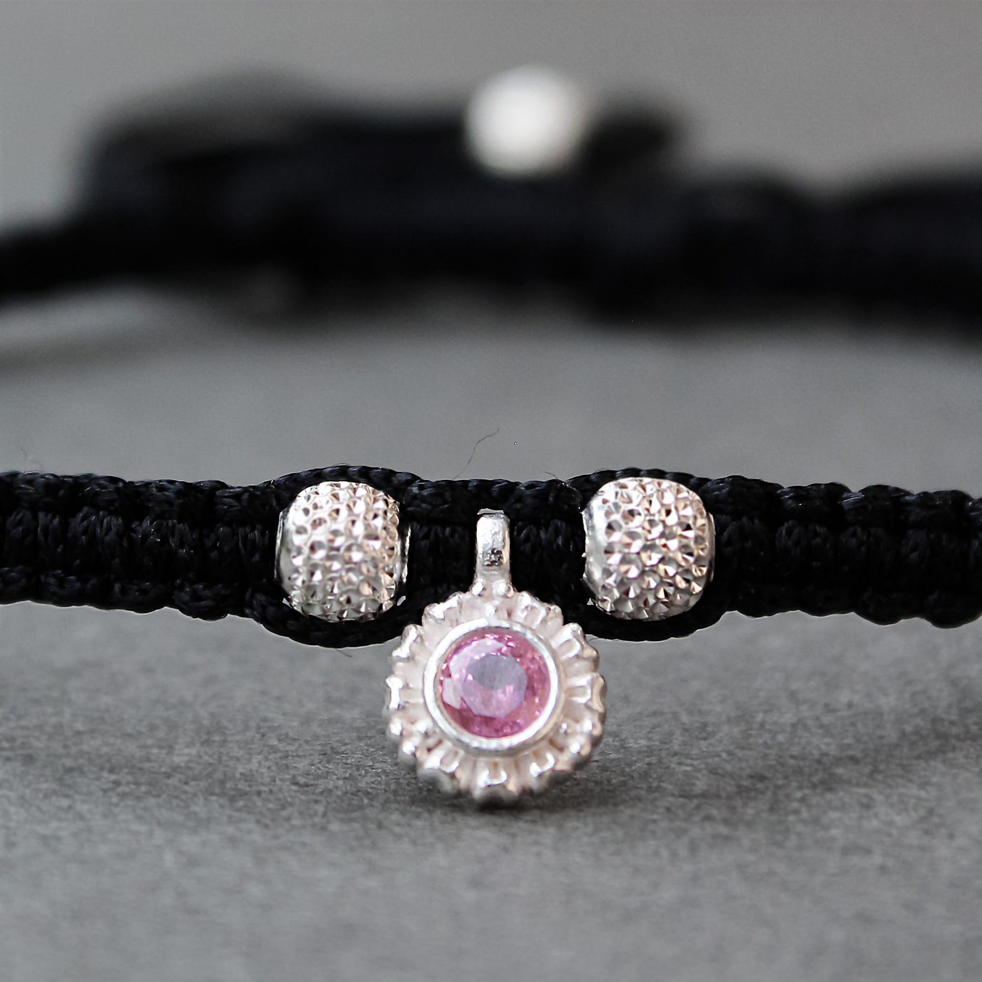 Adjustable 925 Sterling Silver Anklet With Black Cord and Pink Gemstone