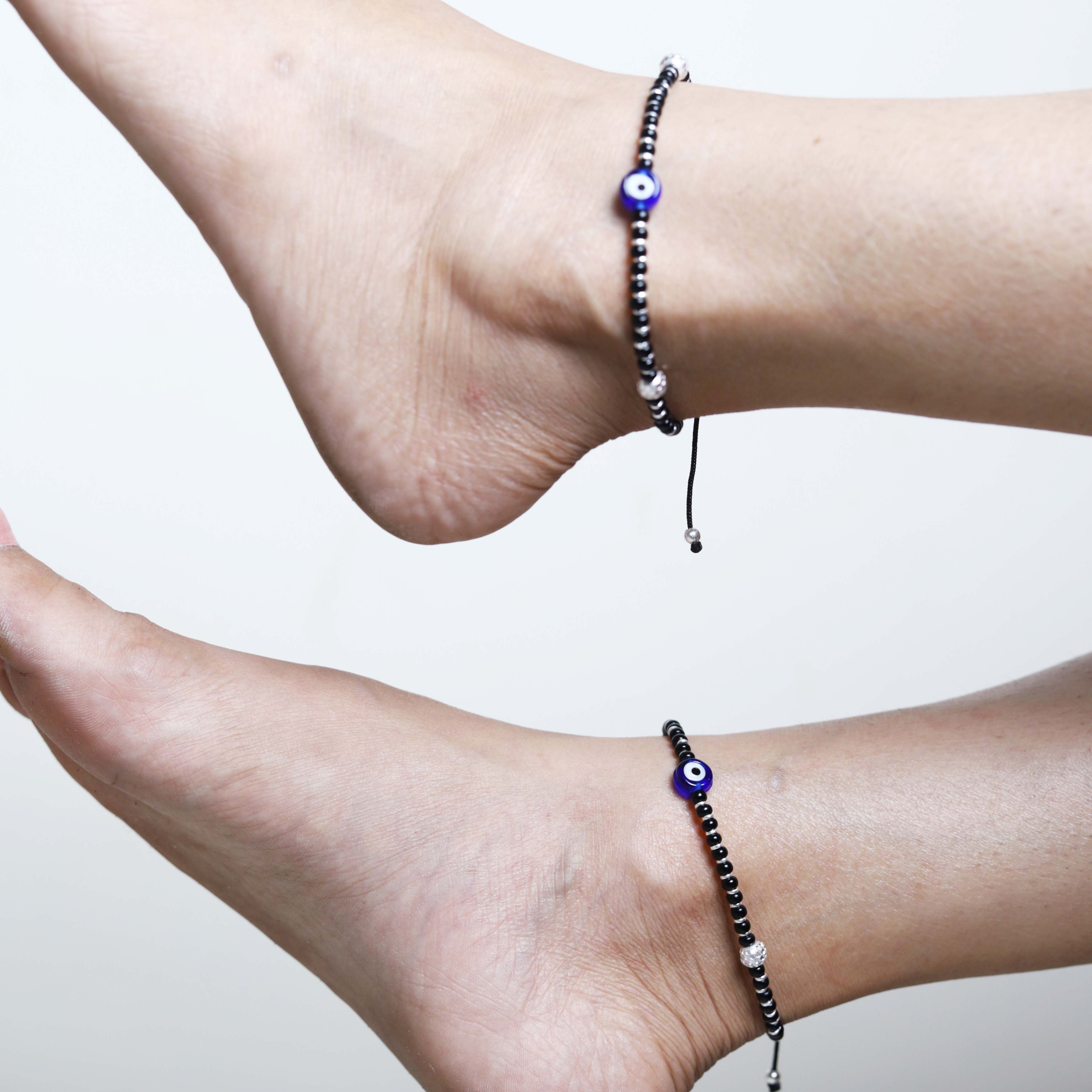 925 Sterling Silver Evil Eye Adjustable Anklets With Black Cord