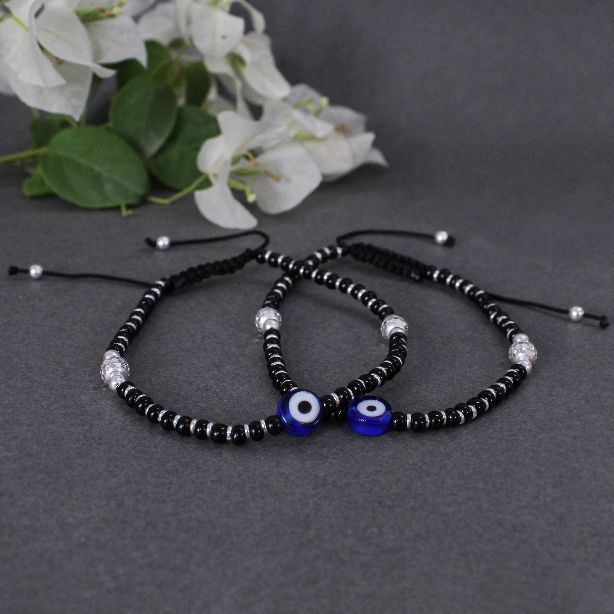 925 Sterling Silver Evil Eye Adjustable Anklets With Black Cord