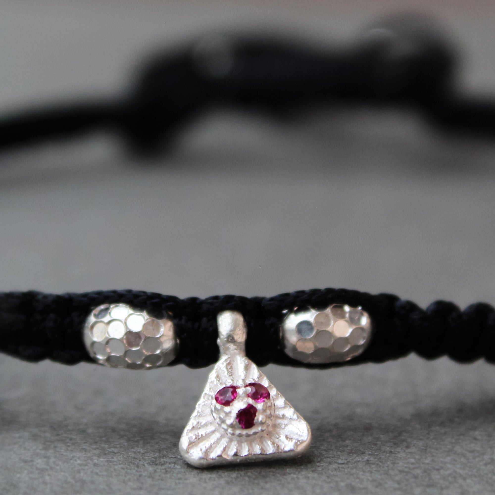 925 Silver Adjustable Anklet with Beaded Cord and Ruby Pendant