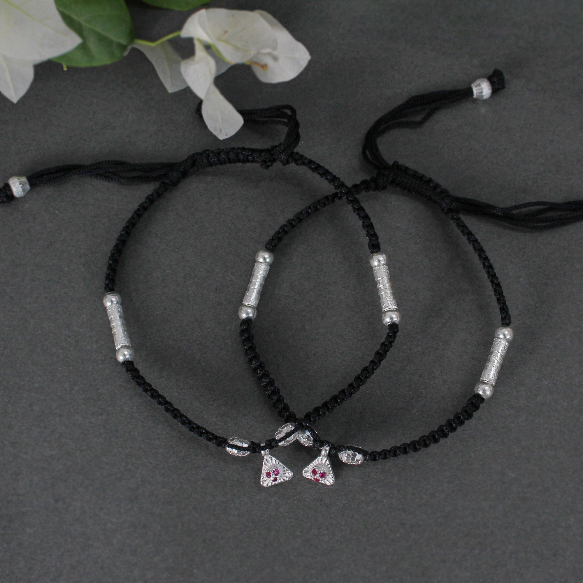 925 Silver Adjustable Anklet with Beaded Cord and Ruby Pendant