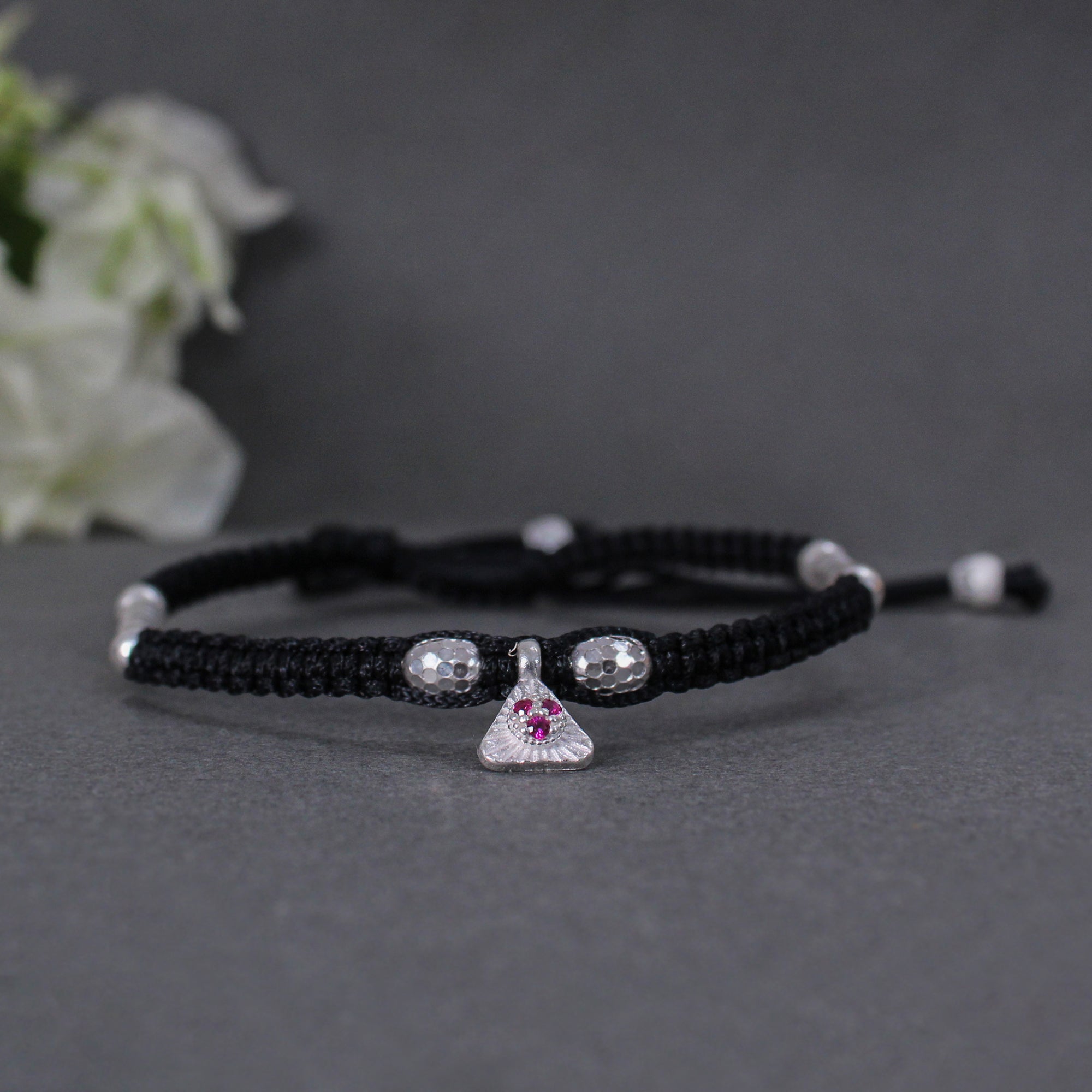 925 Silver Adjustable Anklet with Beaded Cord and Ruby Pendant