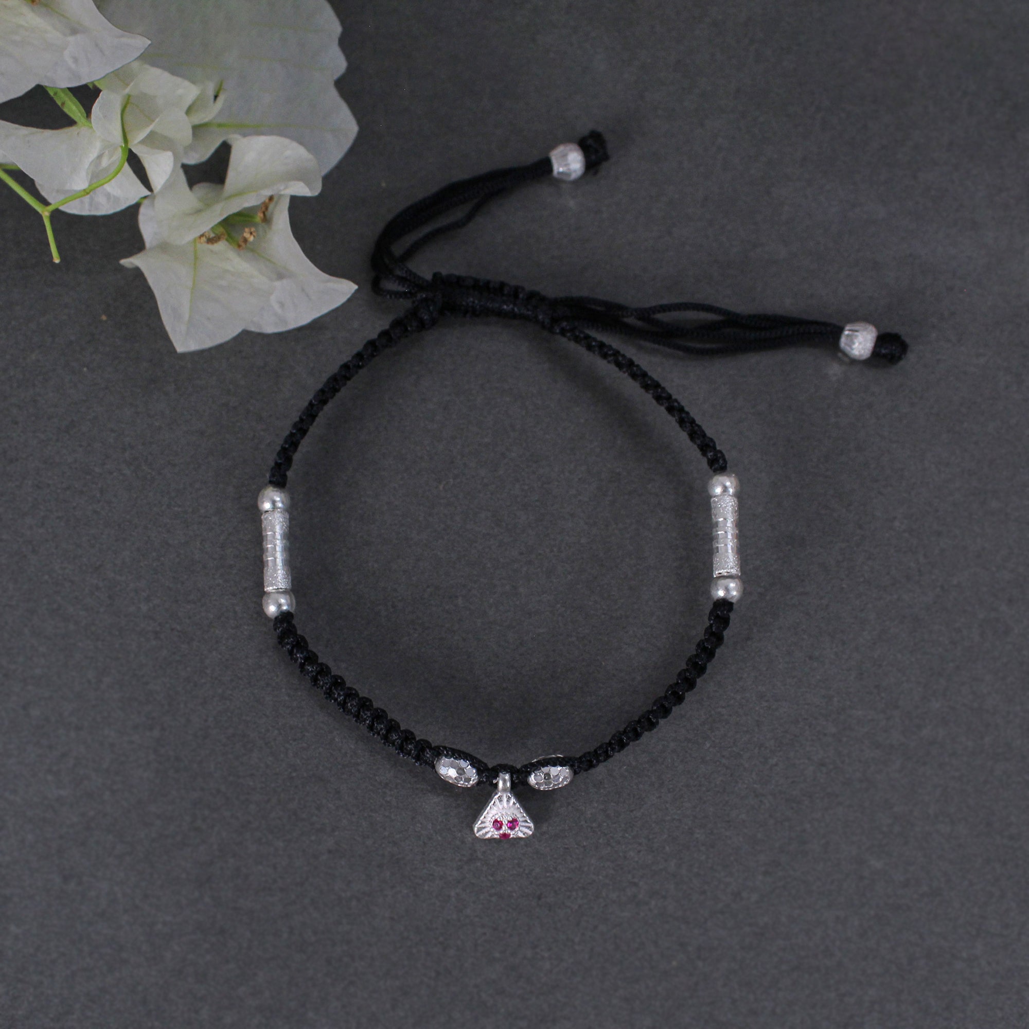 925 Silver Adjustable Anklet with Beaded Cord and Ruby Pendant