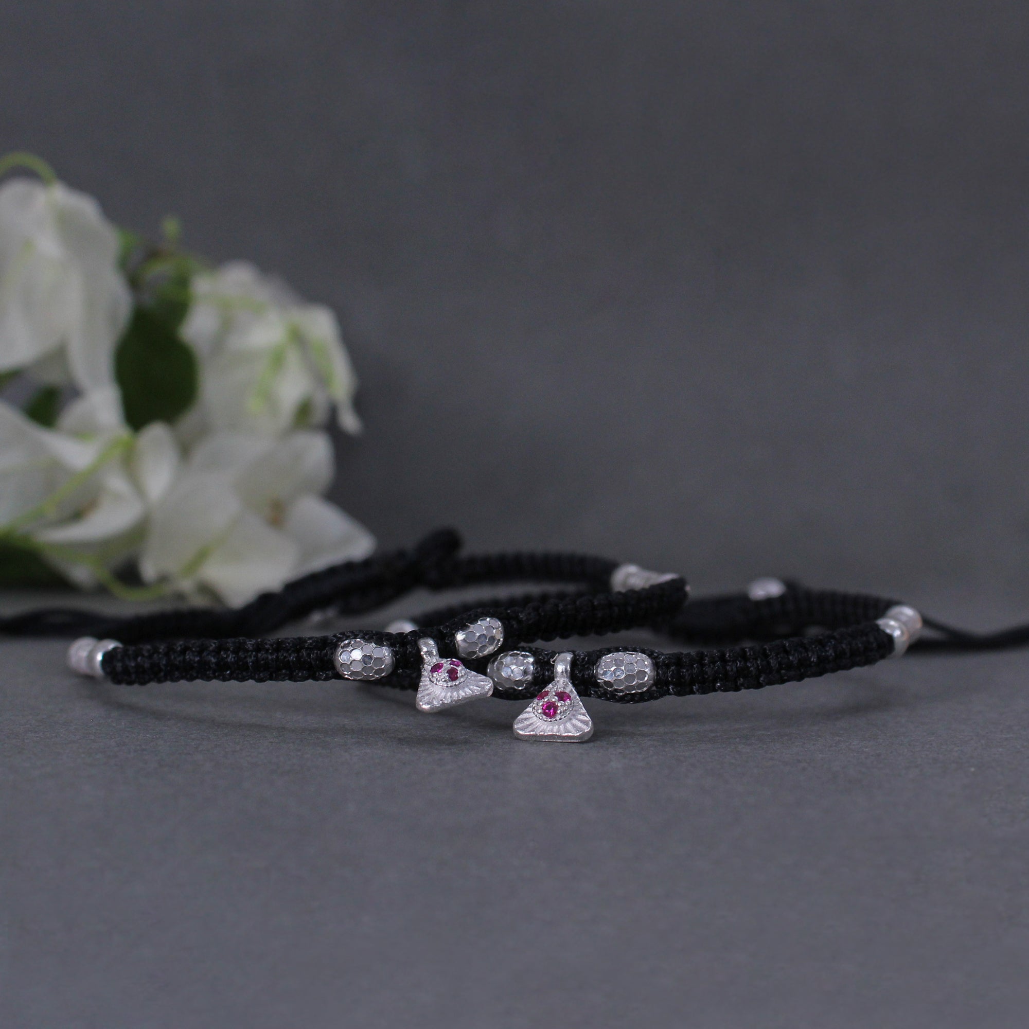 925 Silver Adjustable Anklet with Beaded Cord and Ruby Pendant