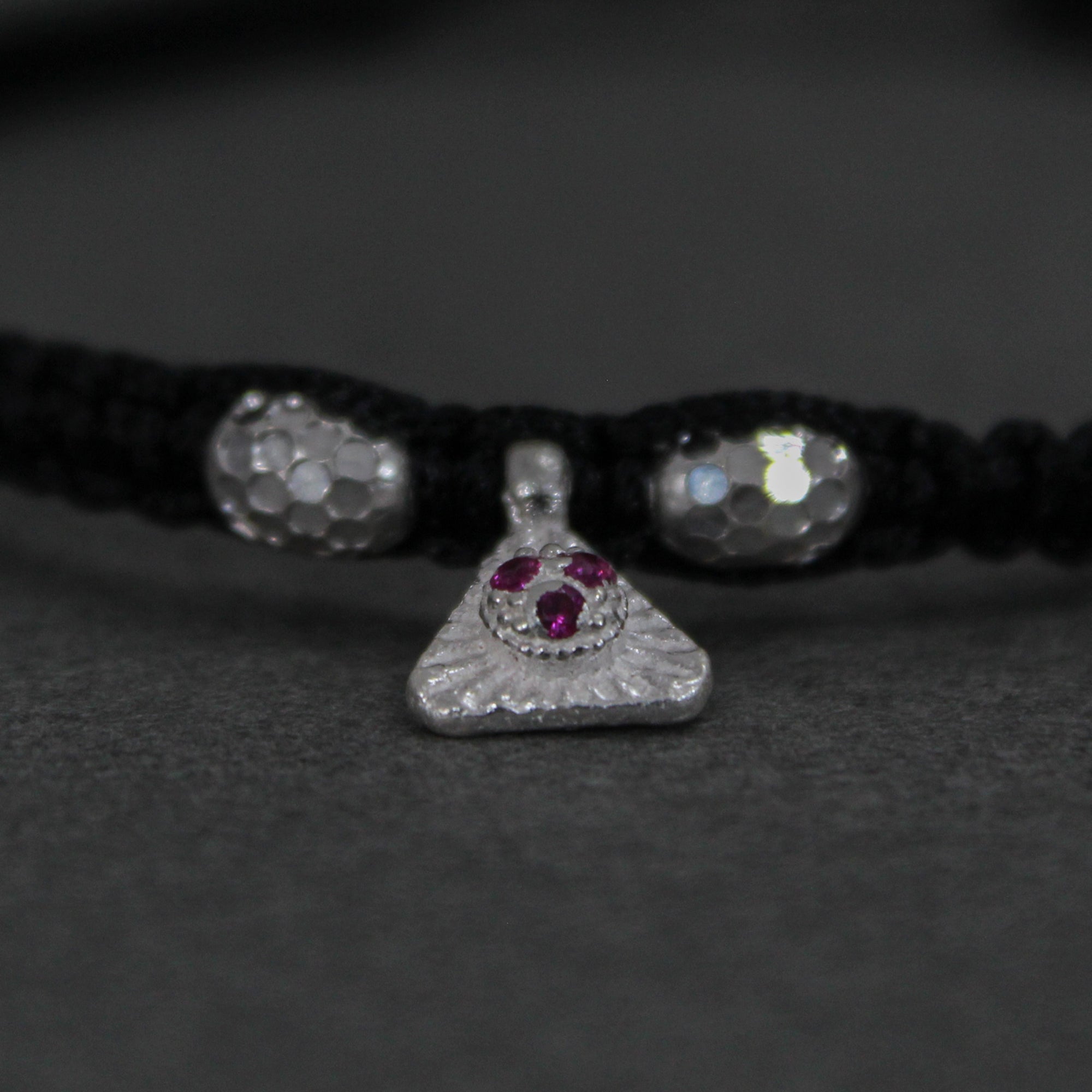 925 Silver Adjustable Anklet with Beaded Cord and Ruby Pendant