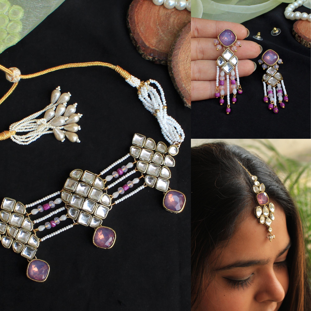 Kundan Paradise Choker Necklace, Maangtikka & Earrings Set