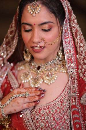 Regal Bridal Jewelry Set: Necklace, Maangtikka, Earrings, Hathphool, Anklet & Maangtikka - BeAbhika.com