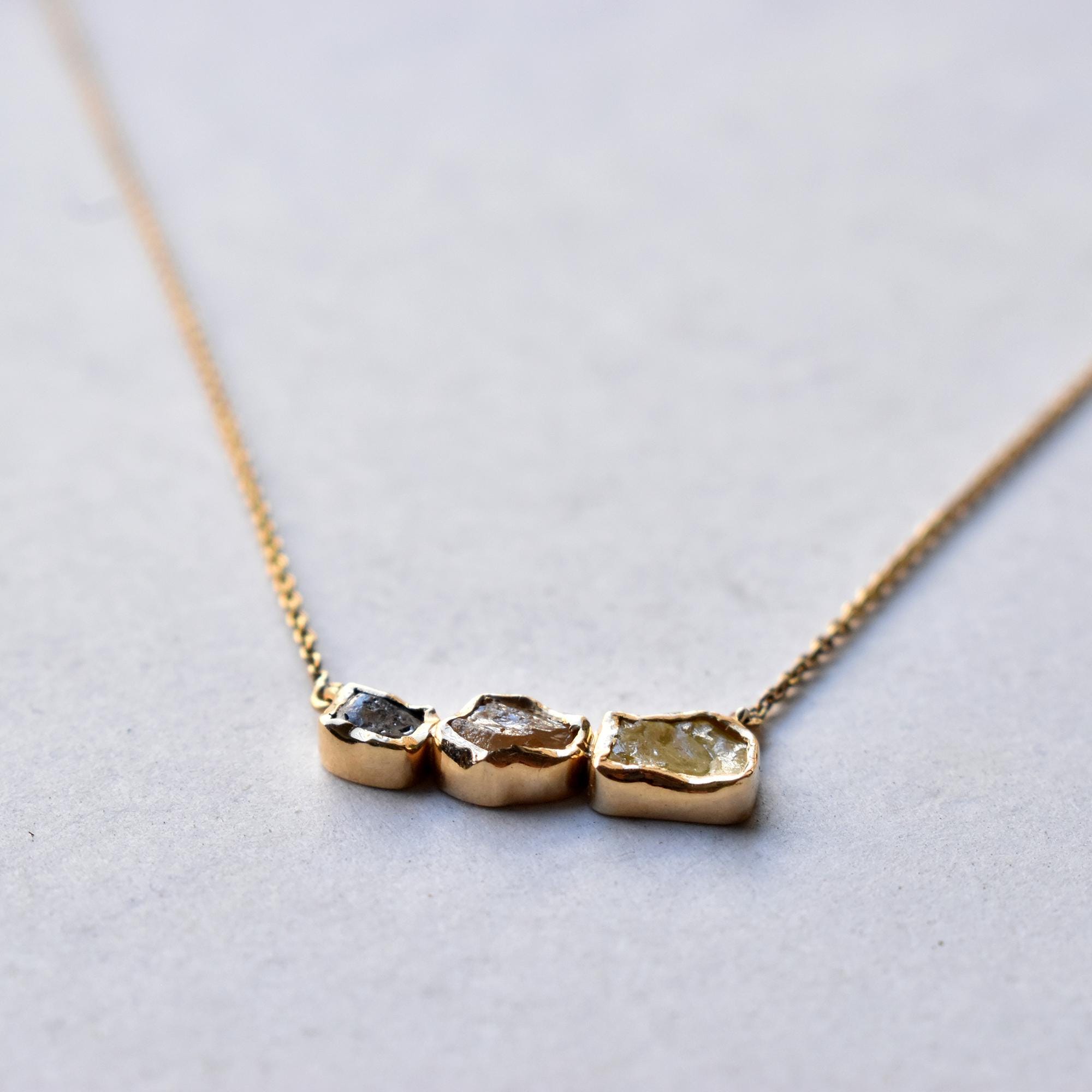 3 Color Natural Rough Diamond Bar Necklace, 14K Yellow Gold Raw Diamond Chain, Grey Brown Yellow Diamond Necklace, Layering Dainty Necklace