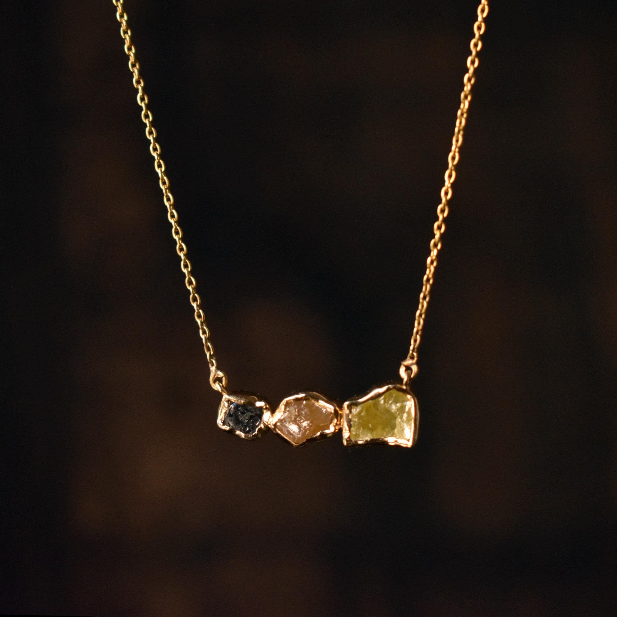 3 Color Natural Rough Diamond Bar Necklace, 14K Yellow Gold Raw Diamond Chain, Grey Brown Yellow Diamond Necklace, Layering Dainty Necklace