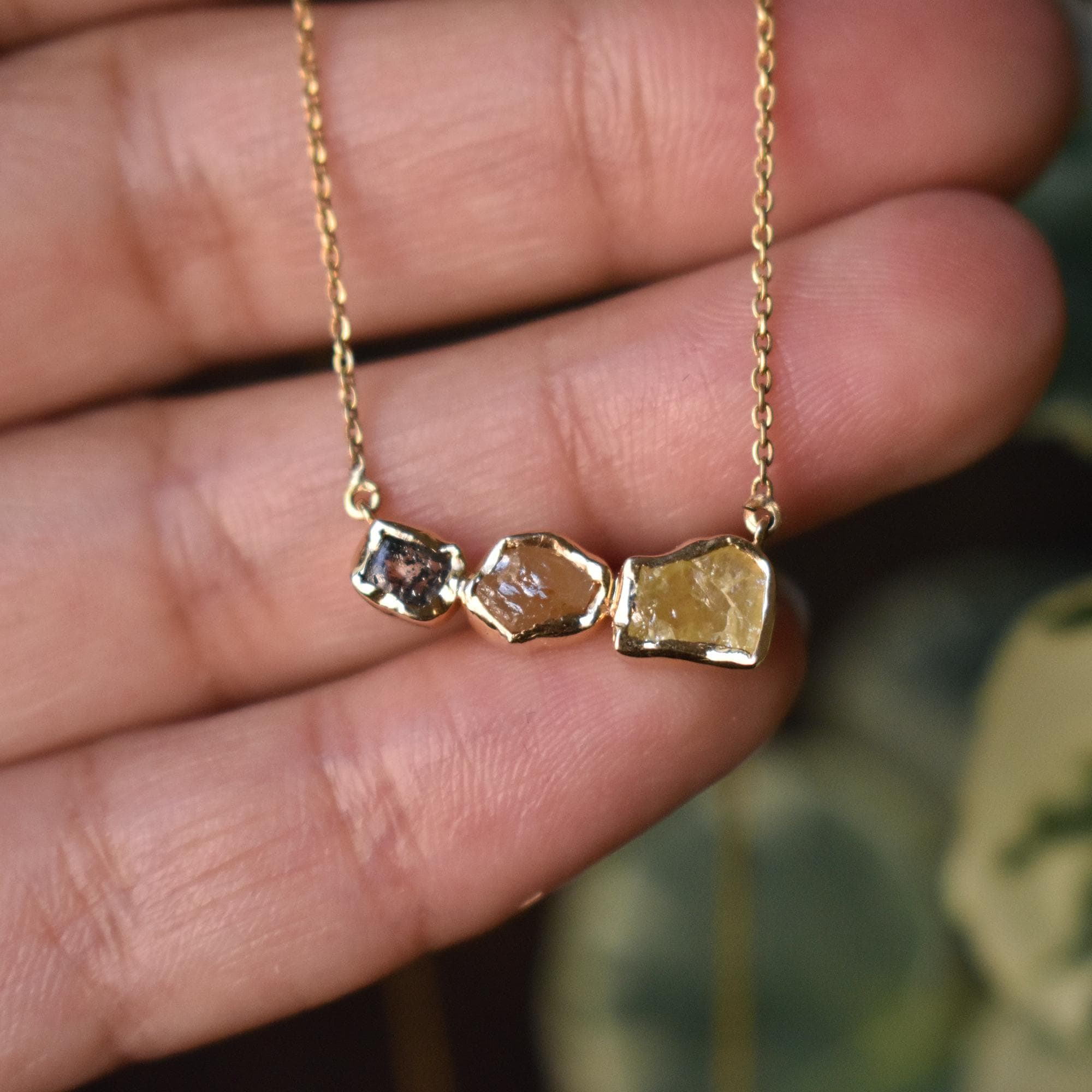 3 Color Natural Rough Diamond Bar Necklace, 14K Yellow Gold Raw Diamond Chain, Grey Brown Yellow Diamond Necklace, Layering Dainty Necklace