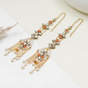 Orange Kundan Dangler Earrings with Ear Chain - BeAbhika.com