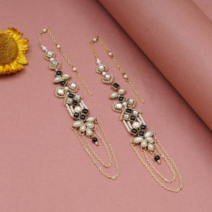 Black & Gold Kundan Pearl Earrings With Ear Chain - BeAbhika.com