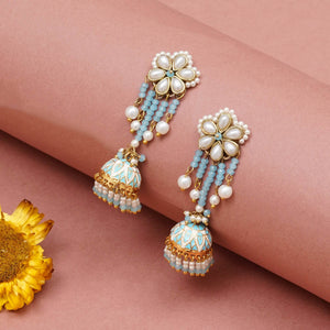Blue Meenakari Jhumka Earrings with Pearl Drops - BeAbhika.com