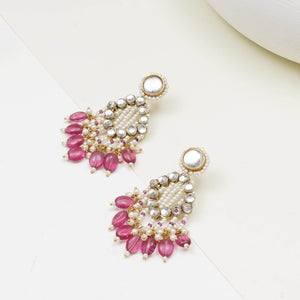 Pink Drop Kundan & Pearl Earrings - BeAbhika.com
