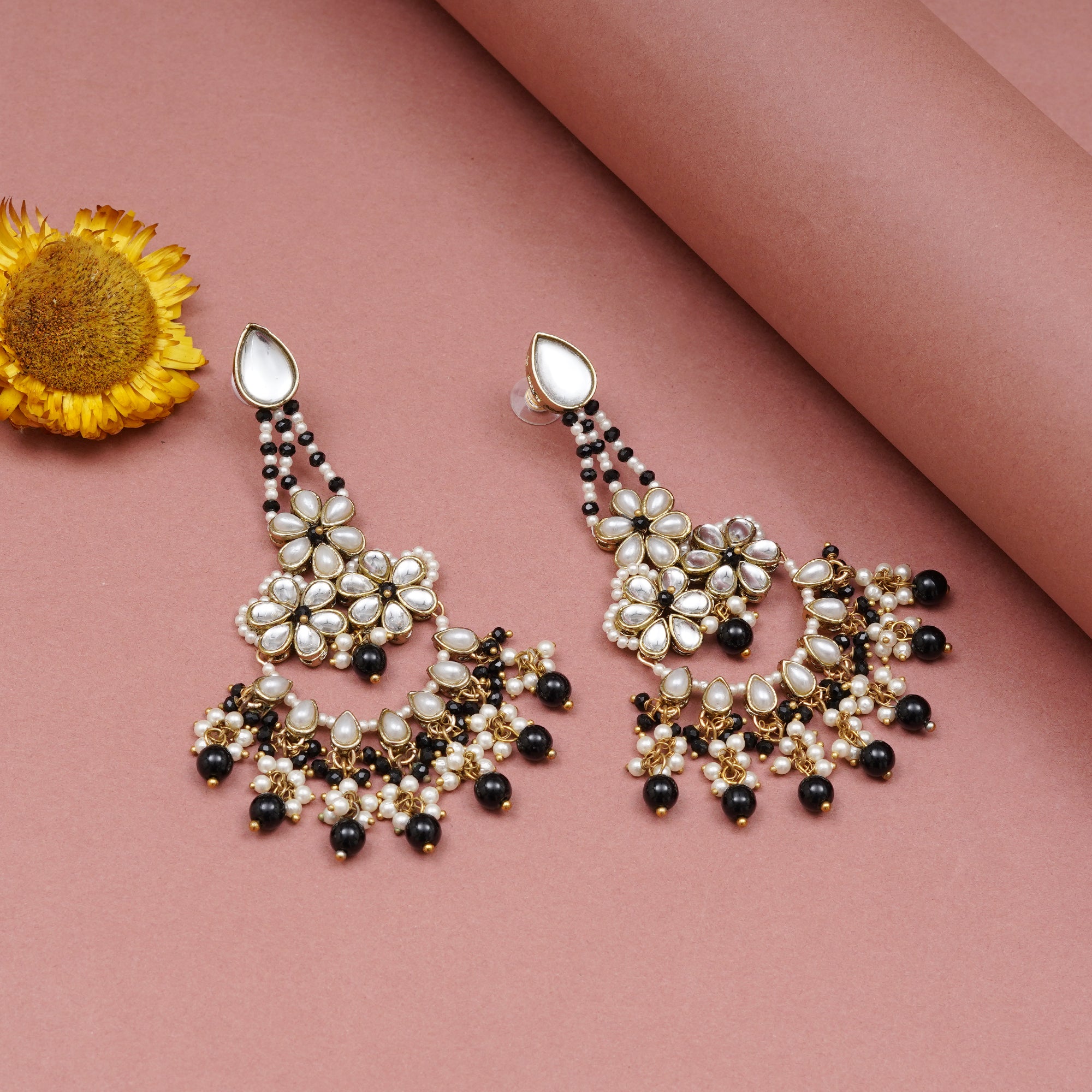 Black Beaded Kundan Chandbali Earrings