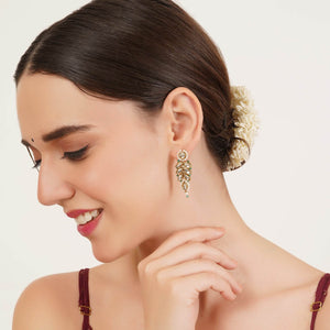 Green Beaded Leaf Kundan Stud Earrings - BeAbhika.com