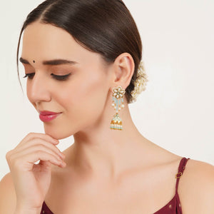 Blue Meenakari Jhumka Earrings with Pearl Drops - BeAbhika.com