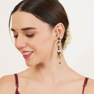 Black & Gold Kundan Pearl Earrings With Ear Chain - BeAbhika.com