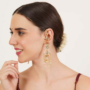 Orange Kundan Dangler Earrings with Ear Chain - BeAbhika.com