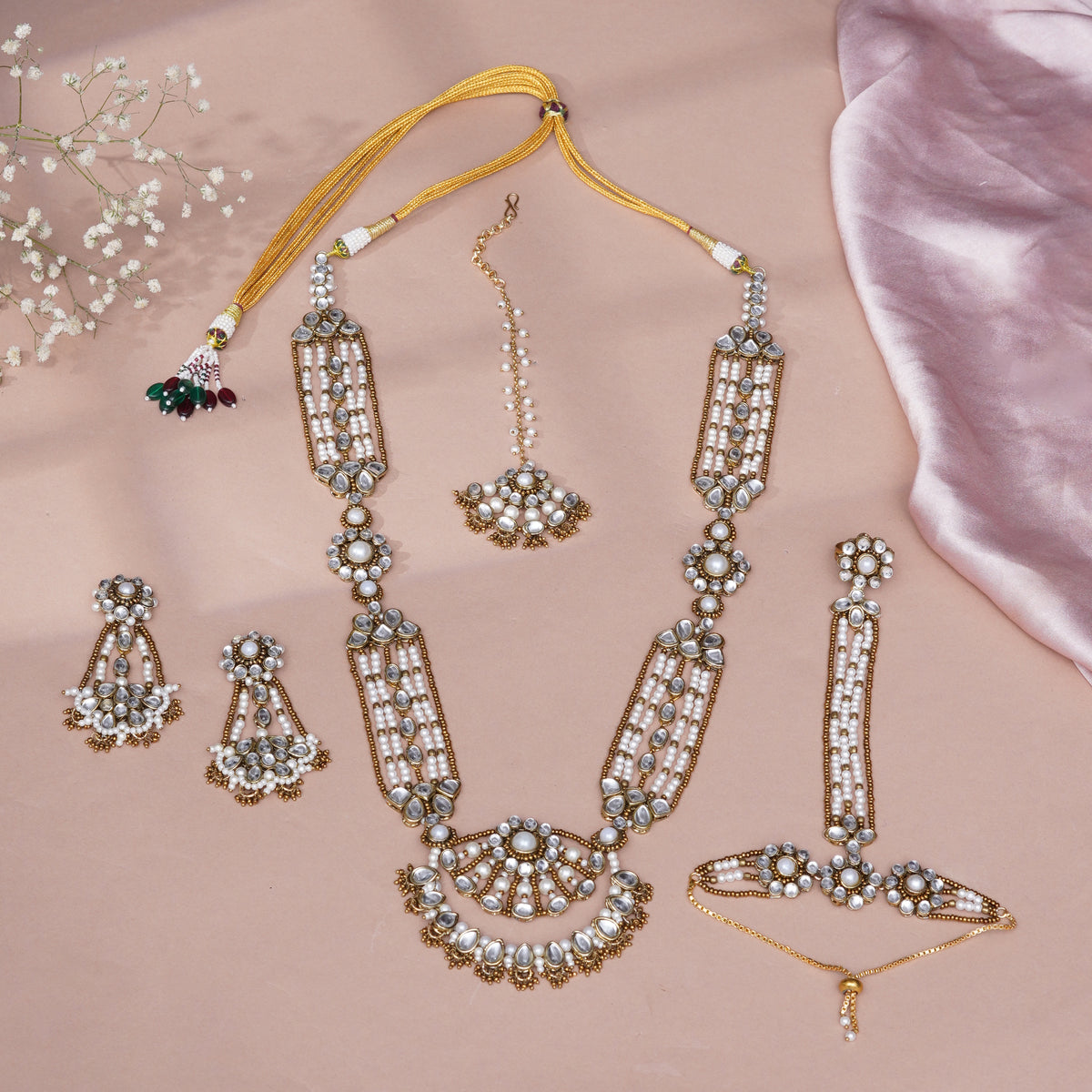Sunheri — Golden Kundan Pearl Crescent Long Necklace Set