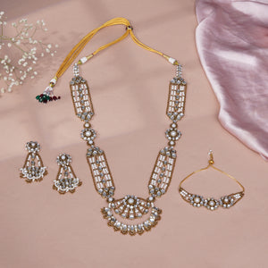 Sunheri — Golden Kundan Pearl Crescent Long Necklace Set