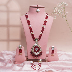 Ada — Maroon Beaded Necklace Set with Teardrop Kundan Pendant