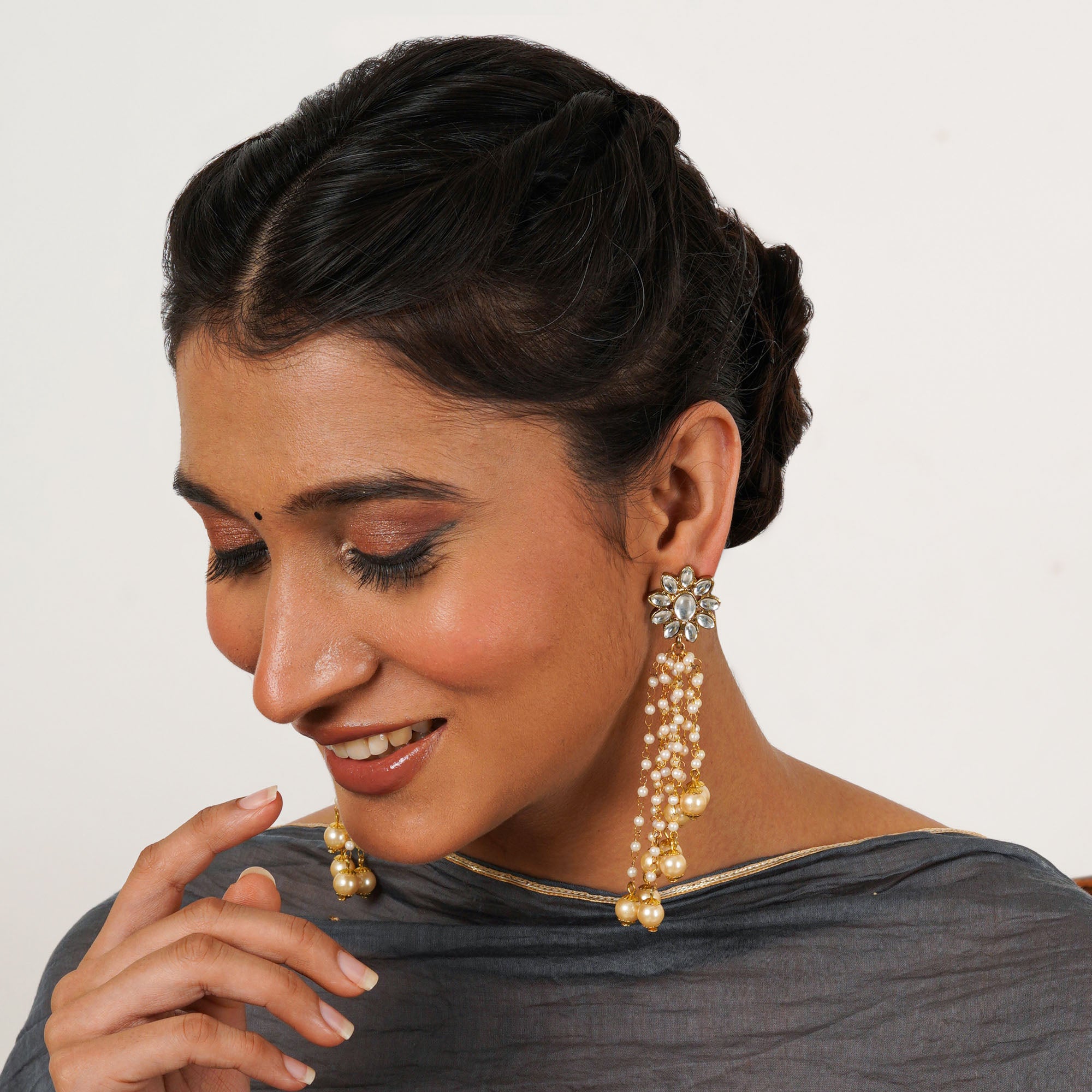 Kundan Stud Pearl Tassel Earrings