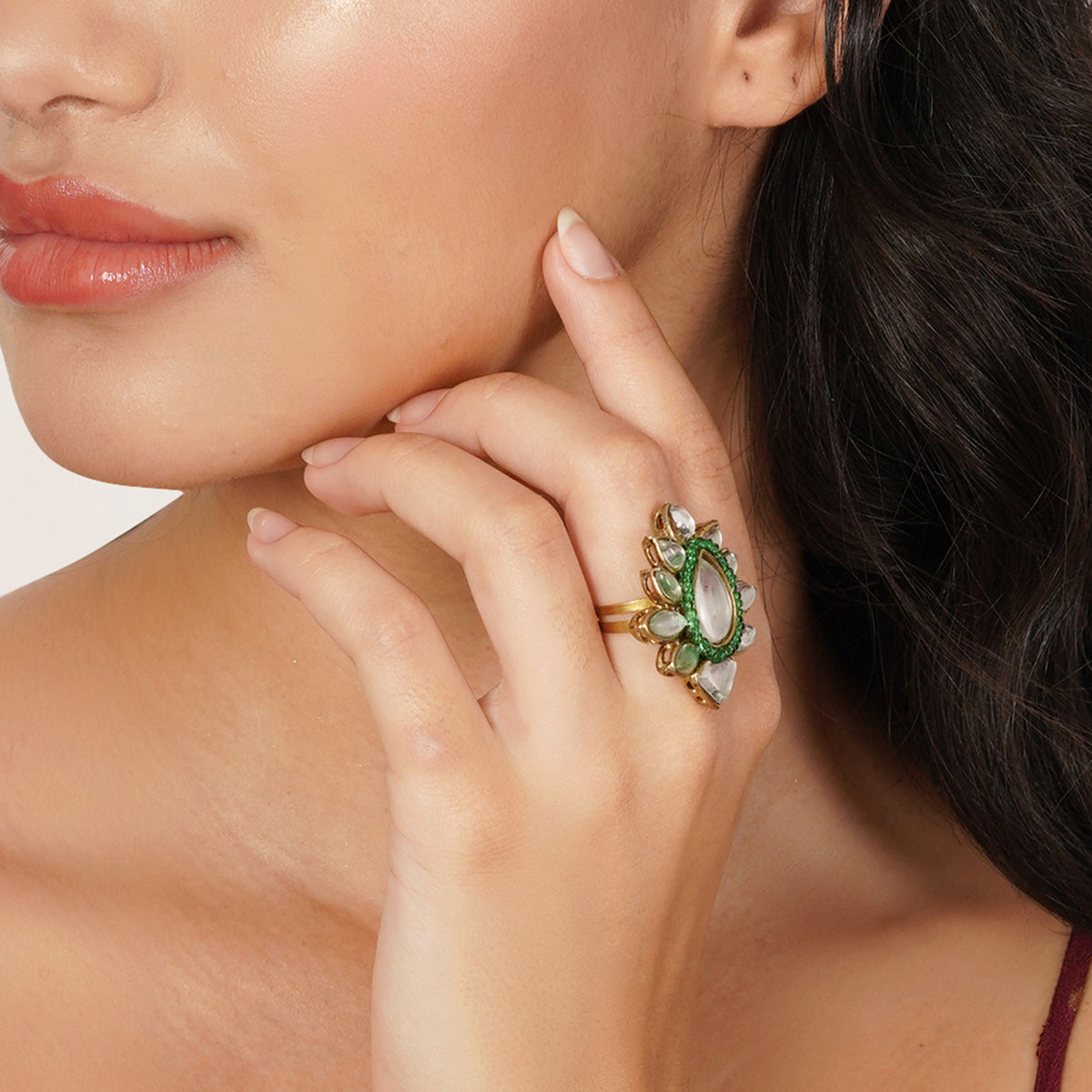 Bahaar — Floral Kundan Ring with Green Accents